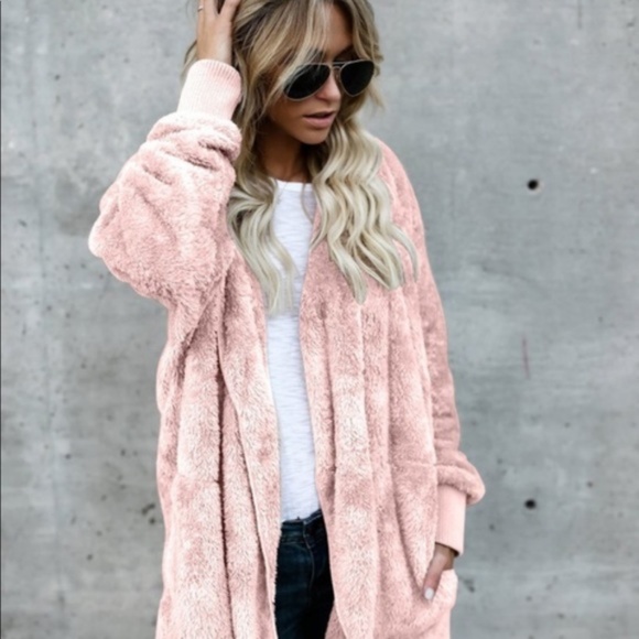 Rose - Light Pink Faux Fur Cardigan Jacket hoodie - Picture 4 of 6
